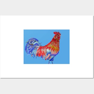 Rooster Watercolor Painting Blue Posters and Art